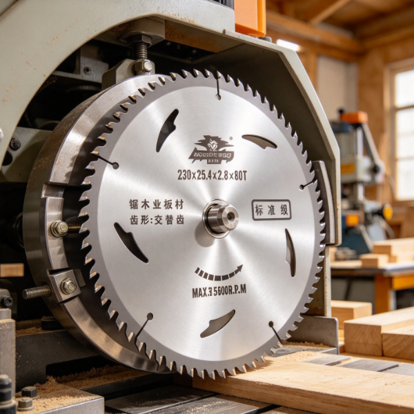 TCT circular saw blade for wood mounted securely between flanges on a woodworking machine spindle.