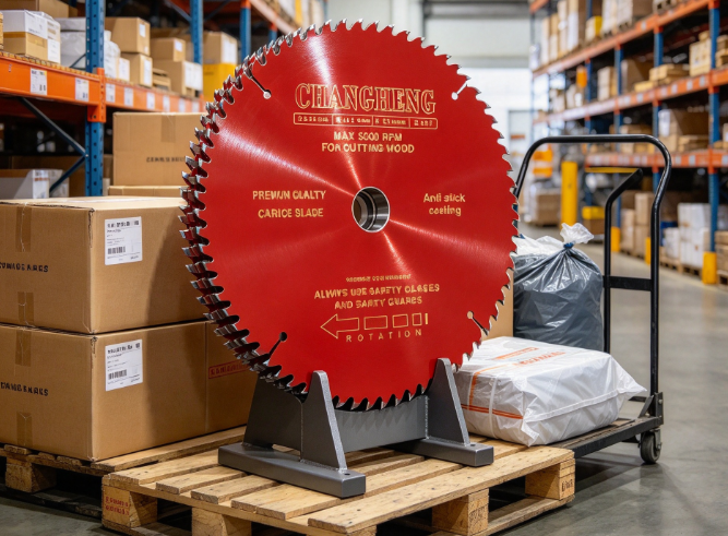 Red TCT circular saw blade for wood standing on storage rack with cartons protective packaging and clean warehouse area.